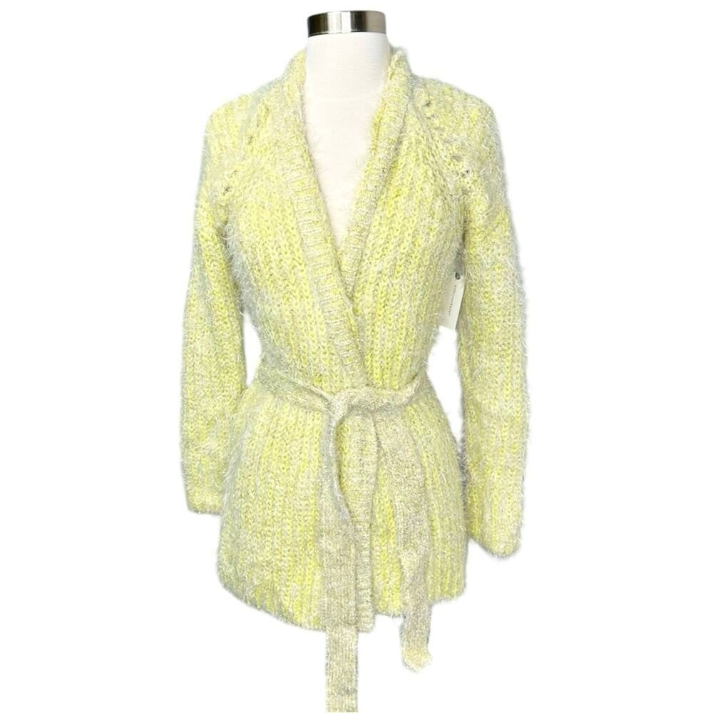 ANTHRO Larkin Shimmer Butter Yellow Belted Cardigan Duster Wrap Sweater New!